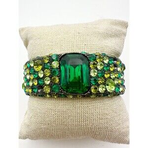 Kenneth Jay Lane KJL Cuff Bracelet Green Rhinestone READ